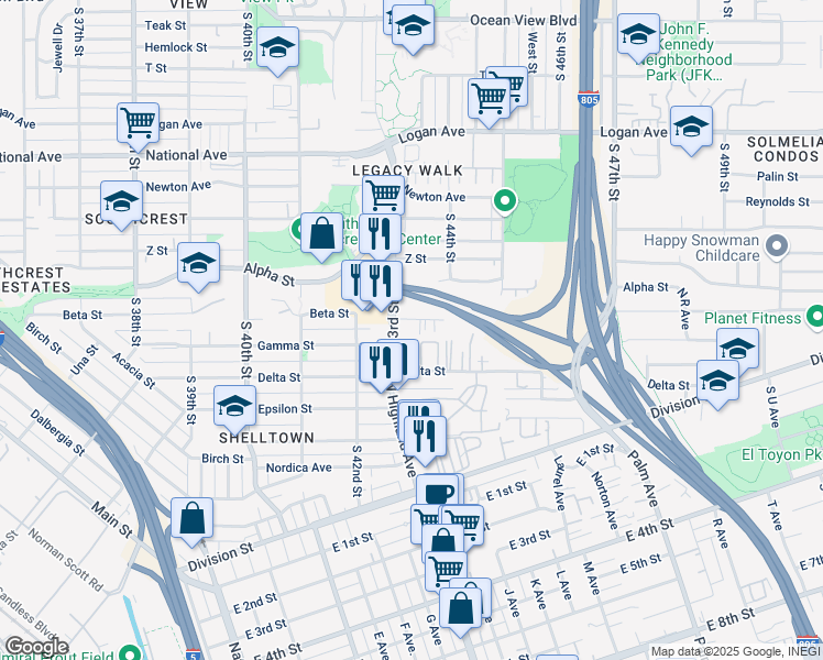 map of restaurants, bars, coffee shops, grocery stores, and more near 1445 South 43rd Street in San Diego