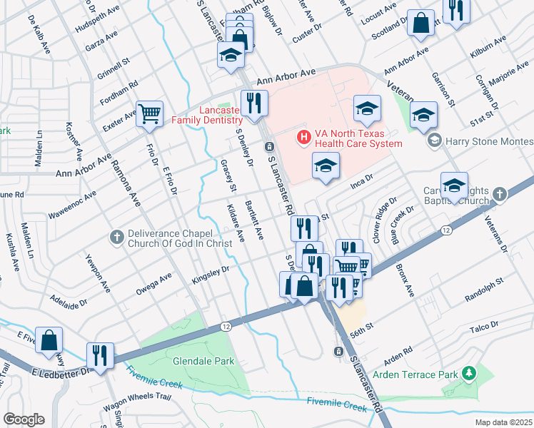 map of restaurants, bars, coffee shops, grocery stores, and more near 4709 South Denley Drive in Dallas