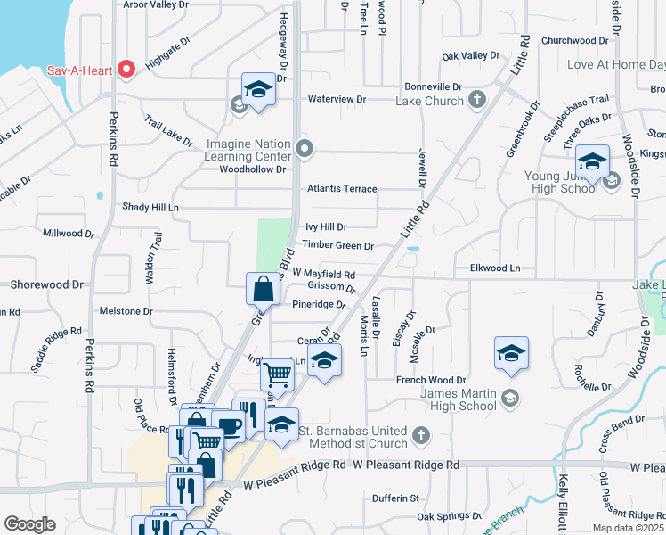 map of restaurants, bars, coffee shops, grocery stores, and more near 5406 Timber Green Drive in Arlington