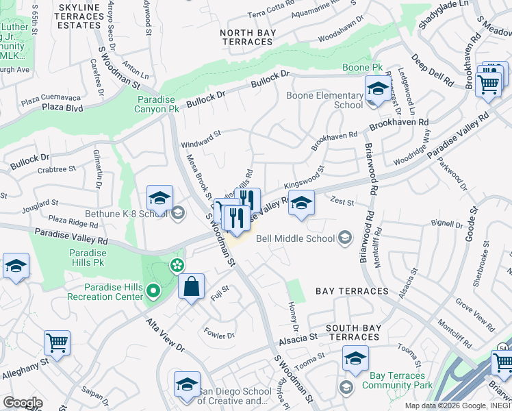 map of restaurants, bars, coffee shops, grocery stores, and more near 637 Kingswood Street in San Diego