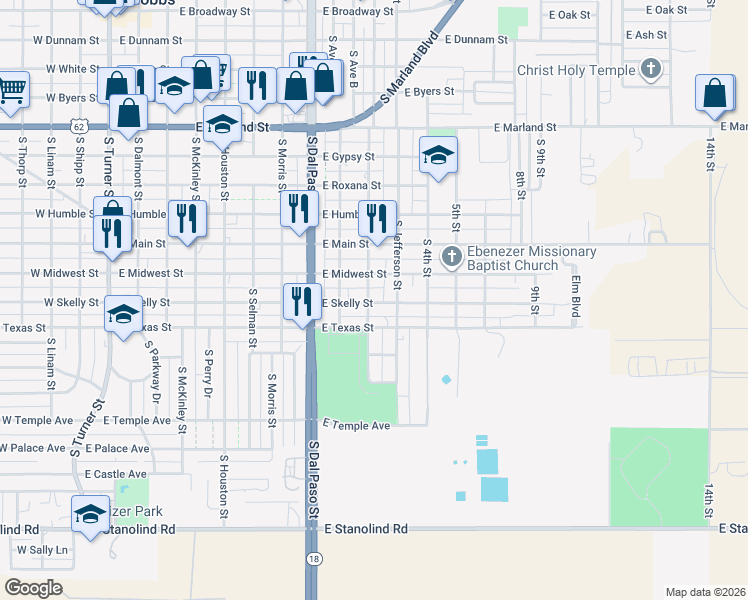 map of restaurants, bars, coffee shops, grocery stores, and more near 1004 East Skelly Street in Hobbs