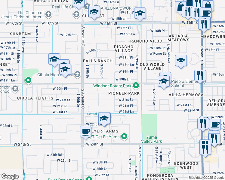 map of restaurants, bars, coffee shops, grocery stores, and more near 3625-3833 West 20th Street in Yuma