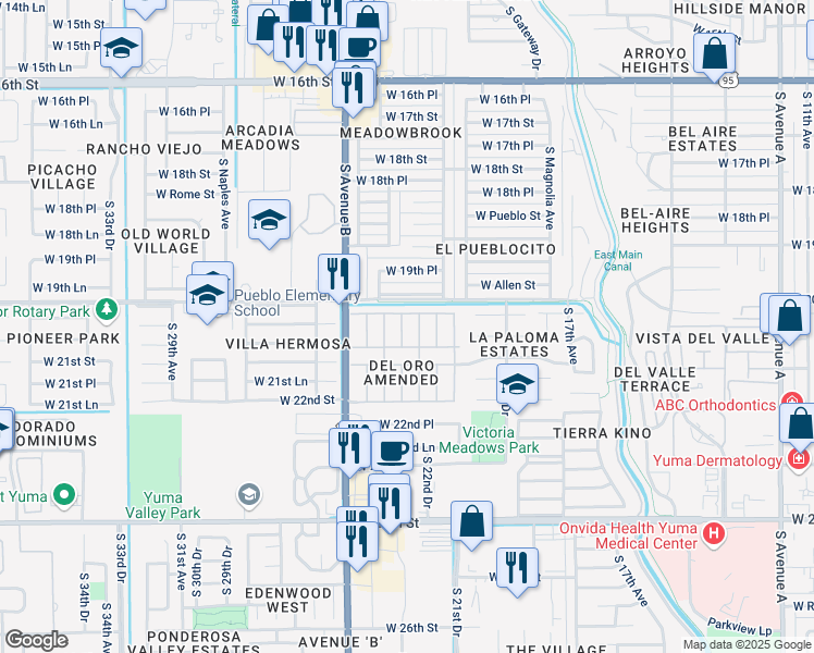 map of restaurants, bars, coffee shops, grocery stores, and more near 2230-2298 West Del Oro Lane in Yuma
