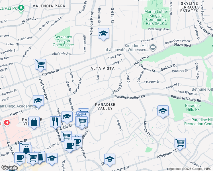 map of restaurants, bars, coffee shops, grocery stores, and more near 1605 Honeysuckle Lane in San Diego