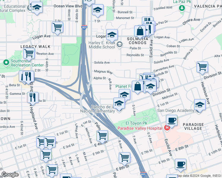map of restaurants, bars, coffee shops, grocery stores, and more near 1727 Beta Street in National City