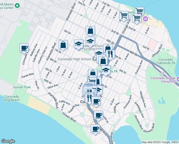 map of restaurants, bars, coffee shops, grocery stores, and more near 706 E Avenue in Coronado