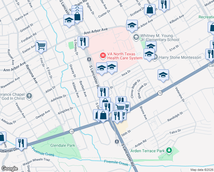 map of restaurants, bars, coffee shops, grocery stores, and more near 2121 52nd Street in Dallas