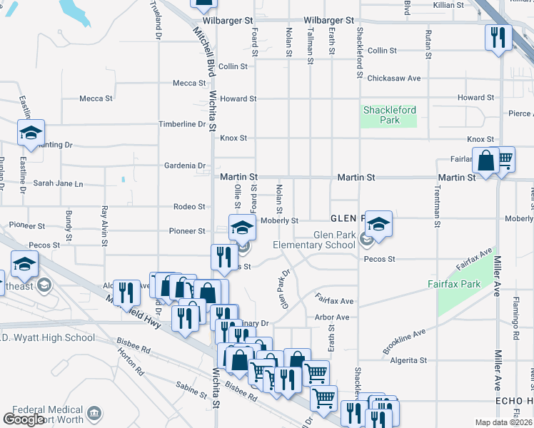 map of restaurants, bars, coffee shops, grocery stores, and more near 4832 Nolan Street in Fort Worth