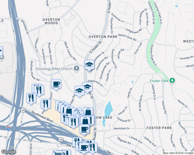 map of restaurants, bars, coffee shops, grocery stores, and more near 4605 Cloudview Road in Fort Worth