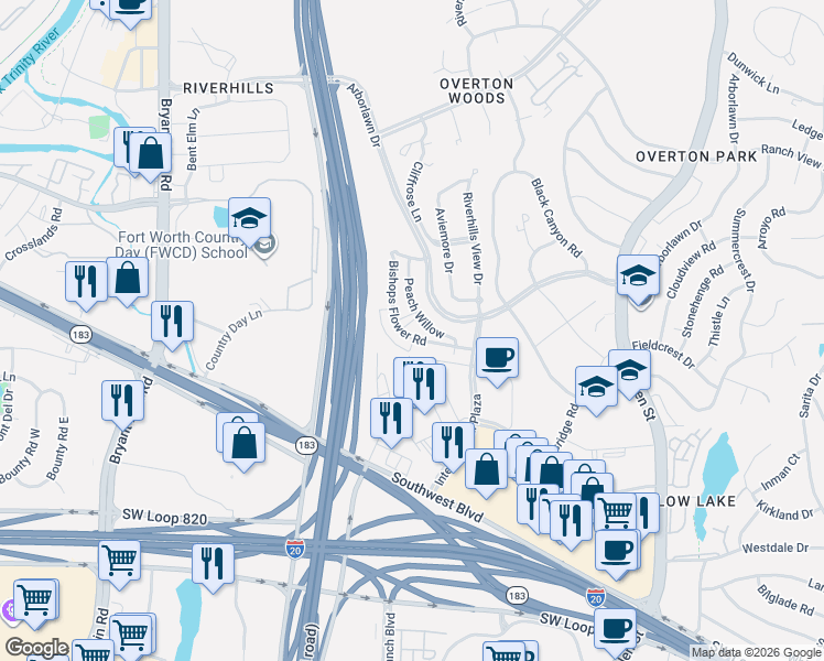 map of restaurants, bars, coffee shops, grocery stores, and more near 5204 Wintergrass Lane in Fort Worth