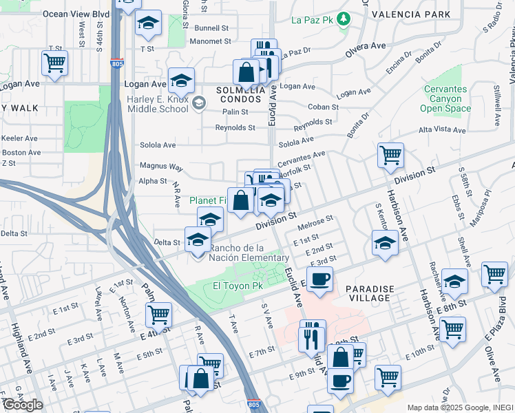 map of restaurants, bars, coffee shops, grocery stores, and more near 2325 Beta Street in National City