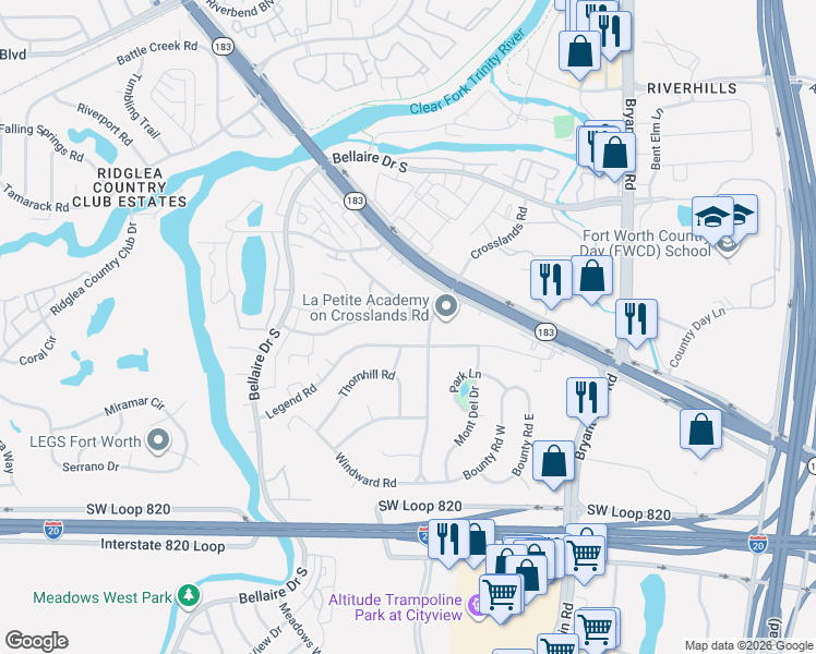 map of restaurants, bars, coffee shops, grocery stores, and more near 6412 Country Day Trail in Fort Worth