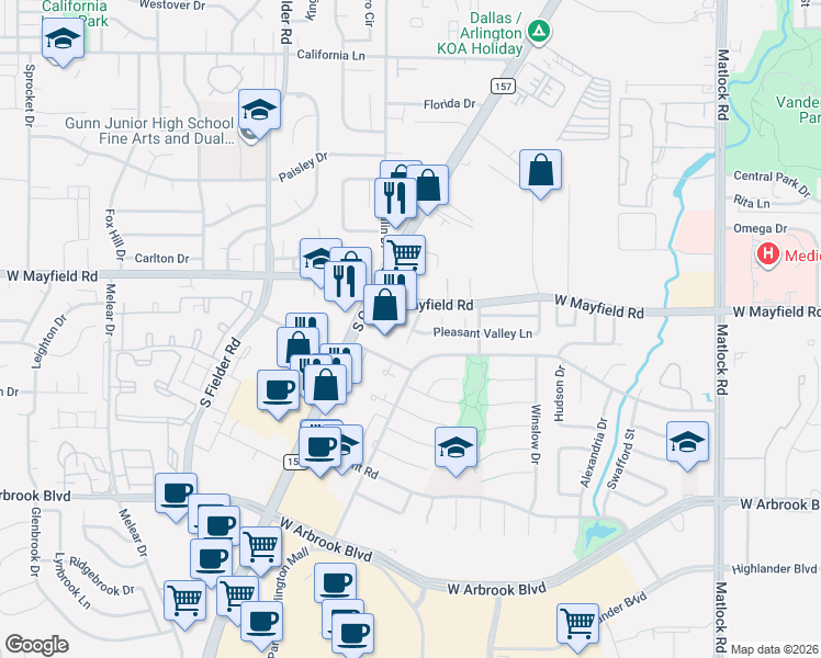 map of restaurants, bars, coffee shops, grocery stores, and more near 3407 Rall Court in Arlington