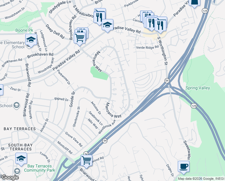 map of restaurants, bars, coffee shops, grocery stores, and more near 1481 Manzana Way in San Diego