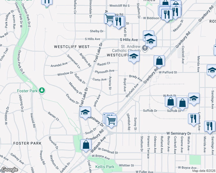 map of restaurants, bars, coffee shops, grocery stores, and more near 4020 Acacia Street in Fort Worth