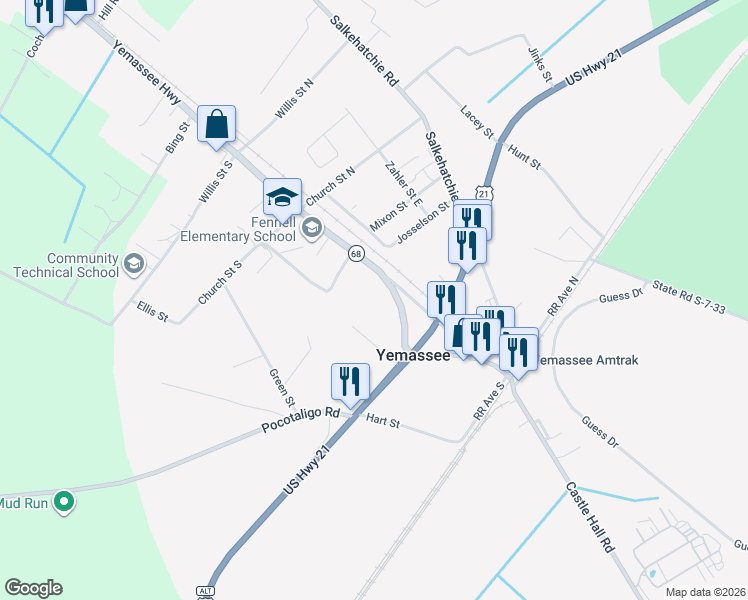 map of restaurants, bars, coffee shops, grocery stores, and more near 1-37 Connely St in Yemassee