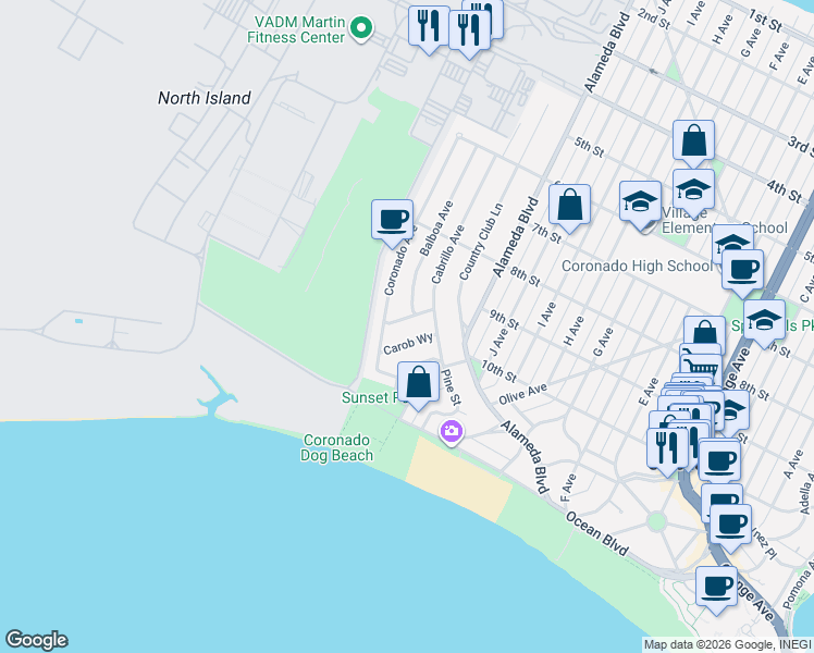 map of restaurants, bars, coffee shops, grocery stores, and more near 141 Acacia Way in Coronado