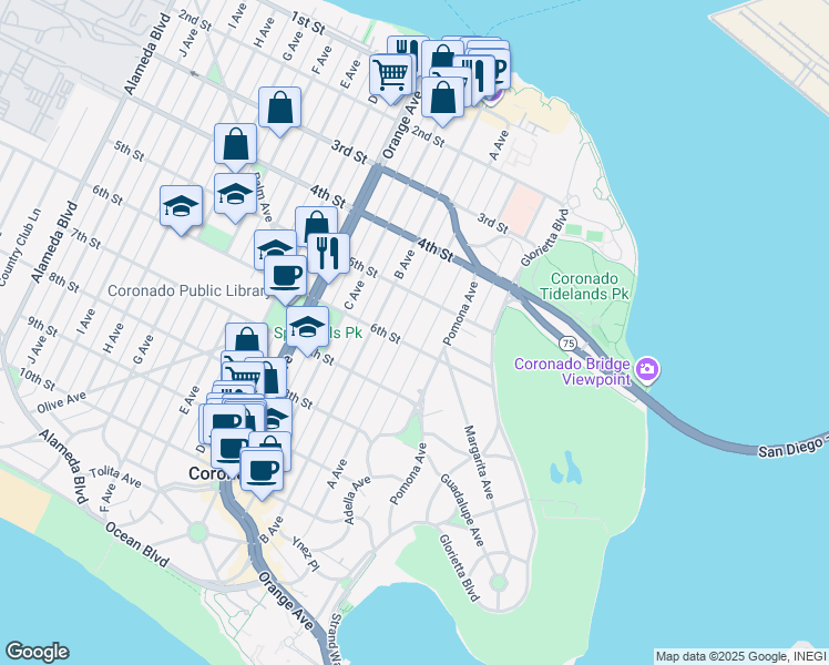 map of restaurants, bars, coffee shops, grocery stores, and more near 557 A Avenue in Coronado