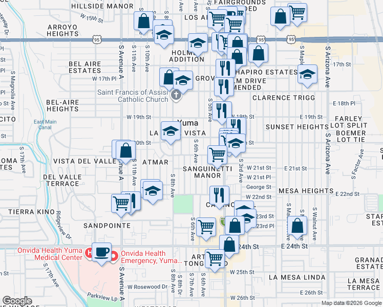 map of restaurants, bars, coffee shops, grocery stores, and more near 2027 South 6th Avenue in Yuma