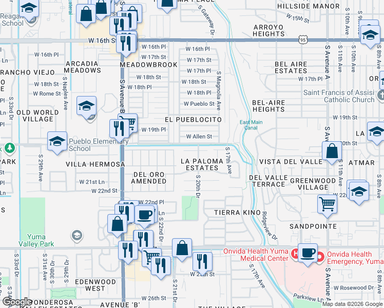 map of restaurants, bars, coffee shops, grocery stores, and more near 2062 West Del Oro Lane in Yuma