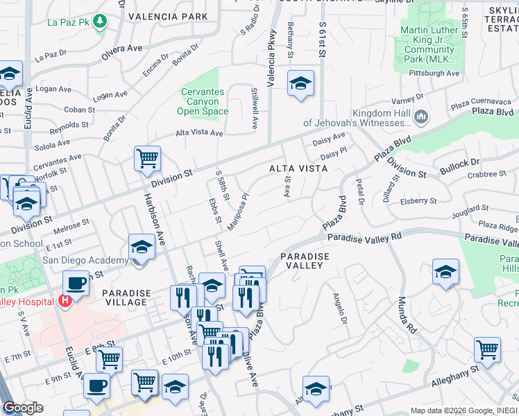 map of restaurants, bars, coffee shops, grocery stores, and more near 5841 Ava Place in San Diego