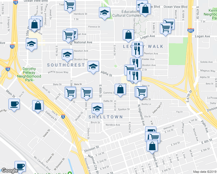 map of restaurants, bars, coffee shops, grocery stores, and more near 4079 Beta Street in San Diego