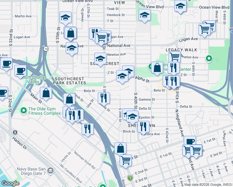 map of restaurants, bars, coffee shops, grocery stores, and more near 3870 Beta Street in San Diego