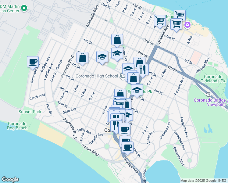 map of restaurants, bars, coffee shops, grocery stores, and more near 706 E Avenue in Coronado
