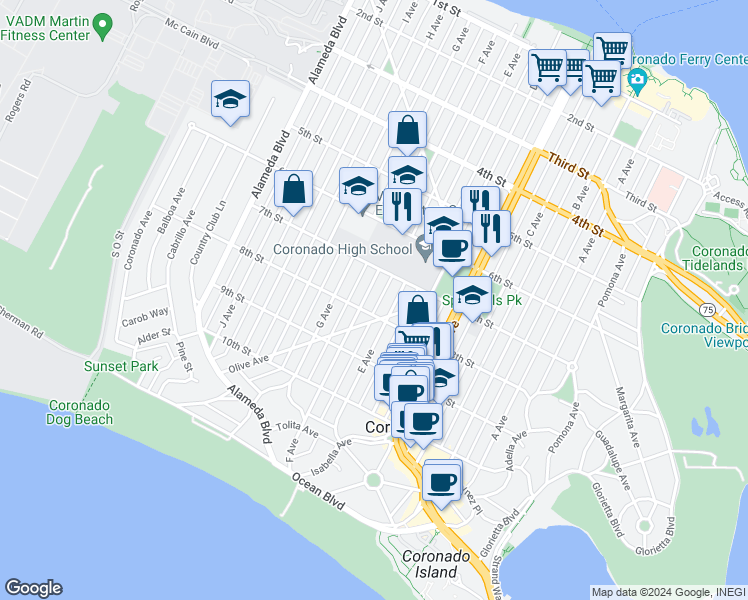 map of restaurants, bars, coffee shops, grocery stores, and more near 744 F Avenue in Coronado