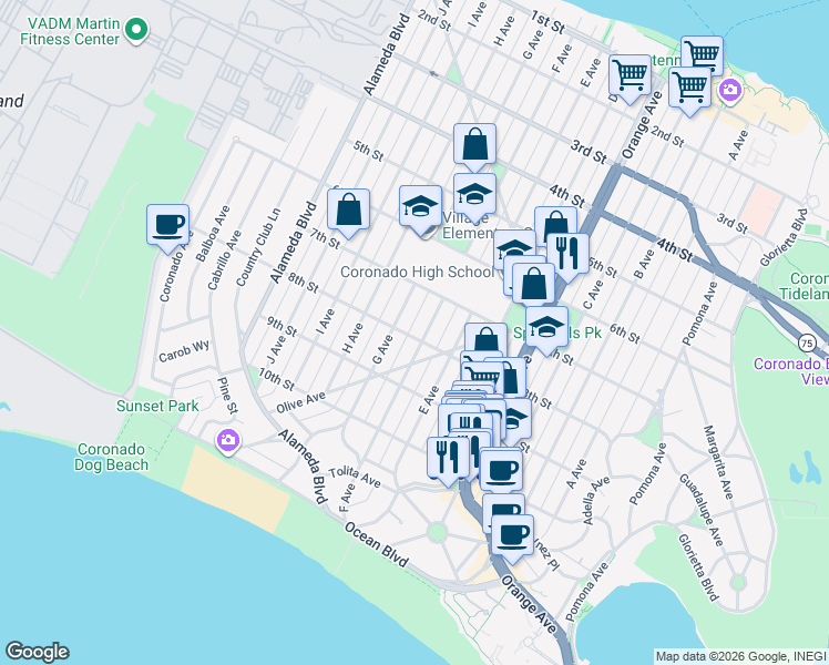 map of restaurants, bars, coffee shops, grocery stores, and more near 744 F Avenue in Coronado