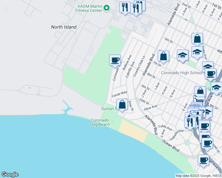 map of restaurants, bars, coffee shops, grocery stores, and more near 950 Coronado Avenue in Coronado