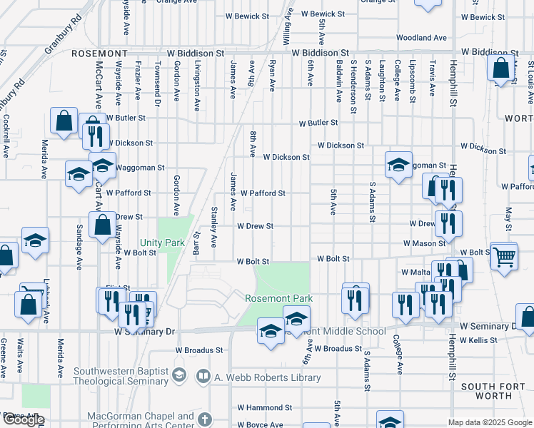 map of restaurants, bars, coffee shops, grocery stores, and more near 3913 Ryan Avenue in Fort Worth
