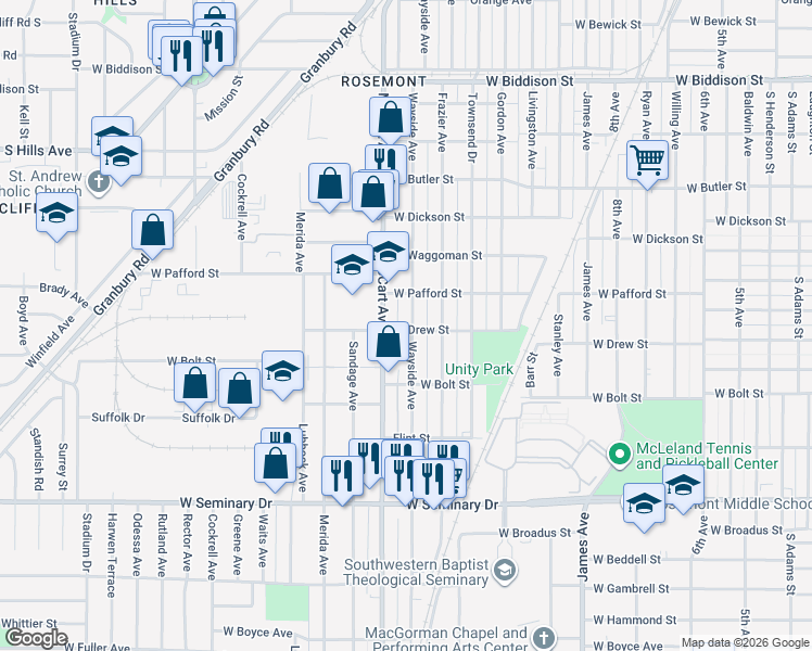 map of restaurants, bars, coffee shops, grocery stores, and more near 3913 Wayside Avenue in Fort Worth