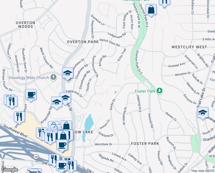 map of restaurants, bars, coffee shops, grocery stores, and more near 4413 Summercrest Court in Fort Worth