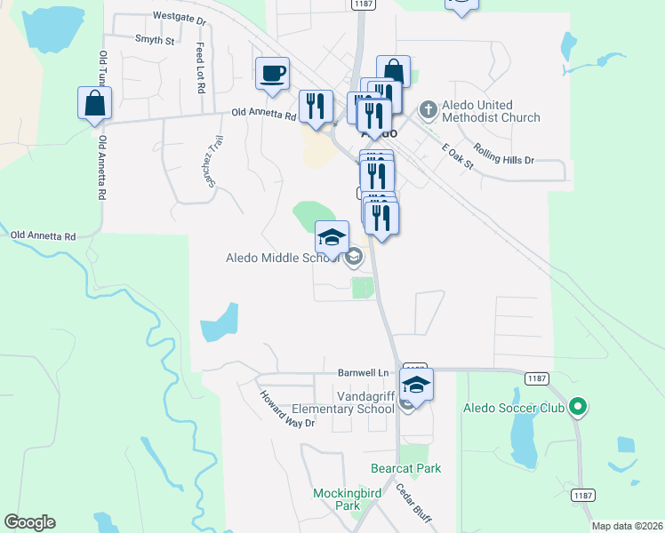 map of restaurants, bars, coffee shops, grocery stores, and more near 98 Taylor Court in Aledo