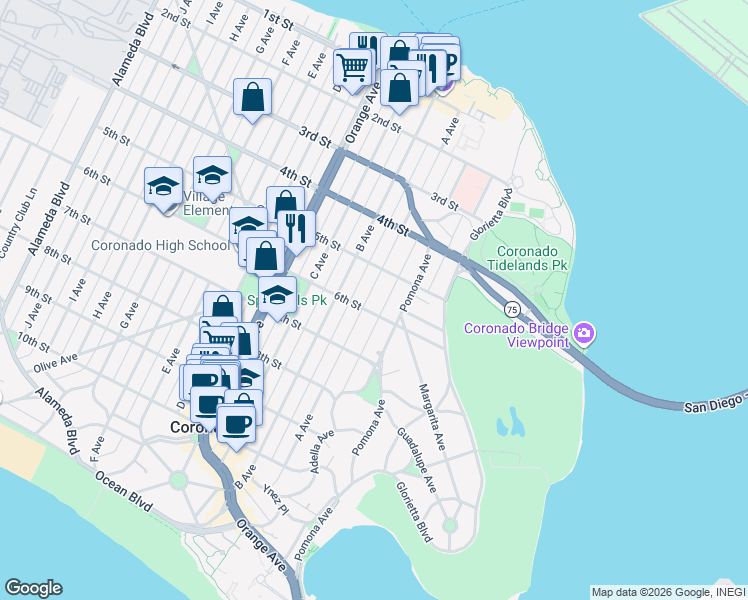 map of restaurants, bars, coffee shops, grocery stores, and more near 557 A Avenue in Coronado