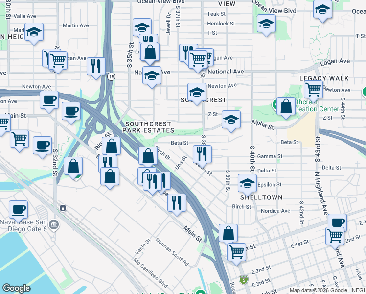map of restaurants, bars, coffee shops, grocery stores, and more near 3728 Beta Street in San Diego