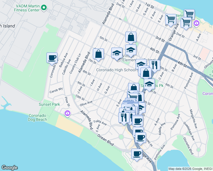 map of restaurants, bars, coffee shops, grocery stores, and more near 810 G Avenue in Coronado