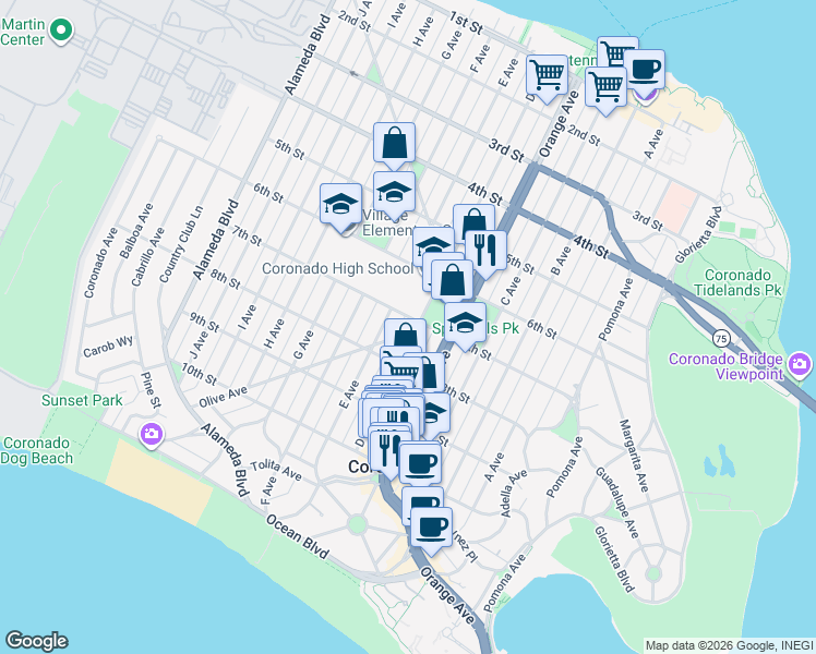 map of restaurants, bars, coffee shops, grocery stores, and more near 918 7th Street in Coronado