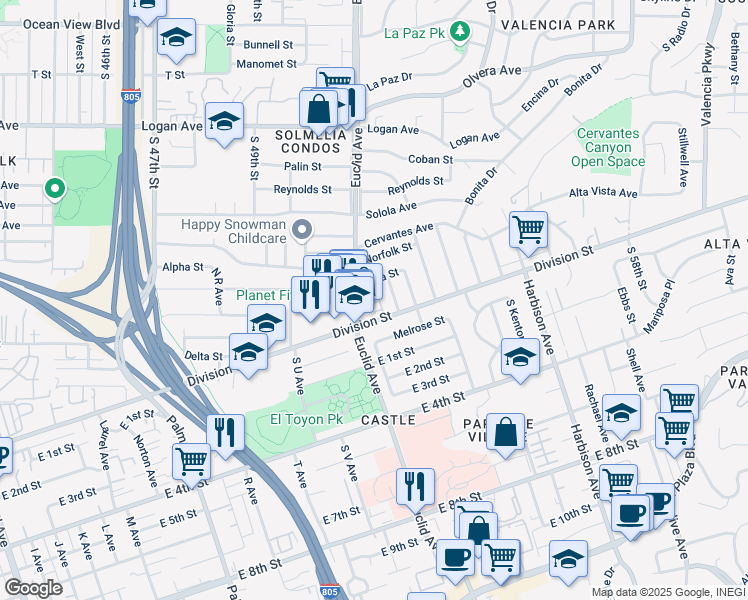 map of restaurants, bars, coffee shops, grocery stores, and more near 118 Mesa Avenue in National City