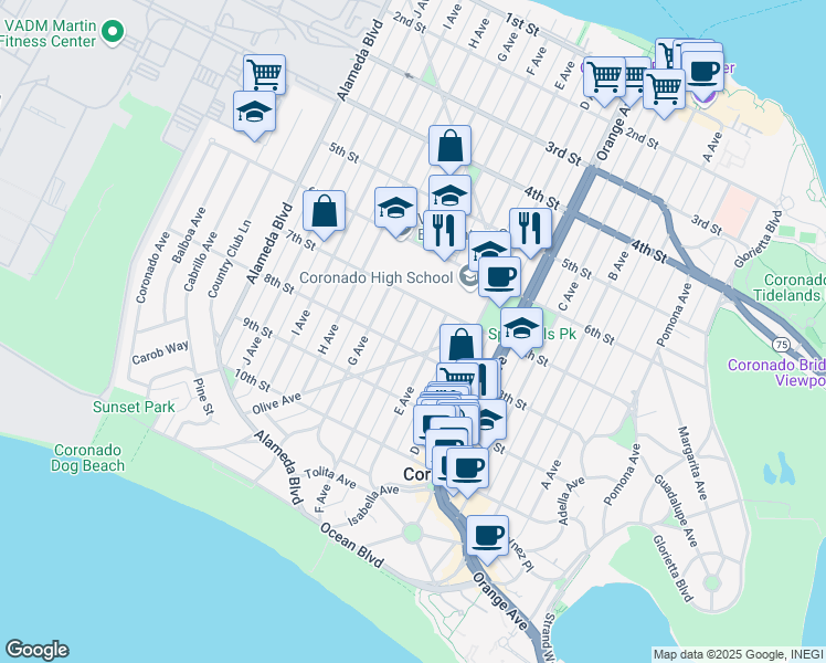 map of restaurants, bars, coffee shops, grocery stores, and more near 755 F Avenue in Coronado