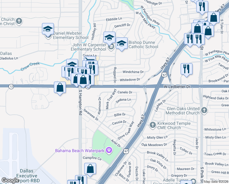 map of restaurants, bars, coffee shops, grocery stores, and more near 1925 Canelo Drive in Dallas