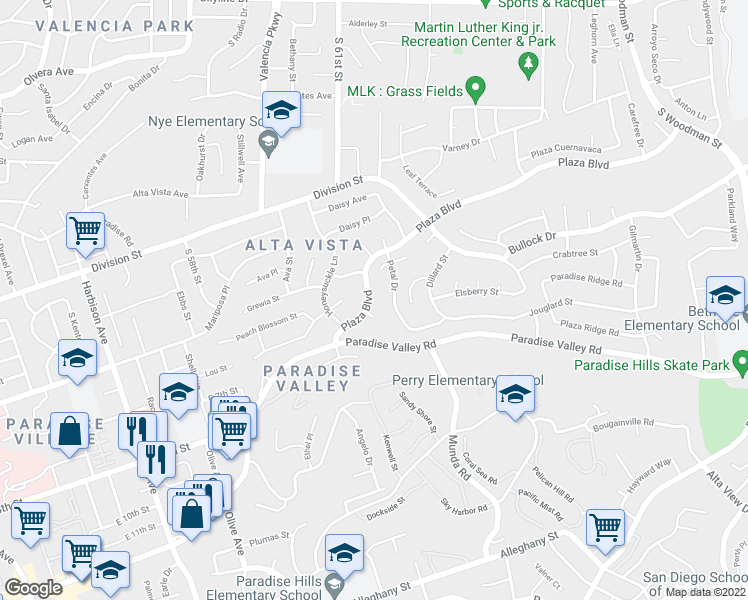 map of restaurants, bars, coffee shops, grocery stores, and more near 4126 East Plaza Boulevard in National City