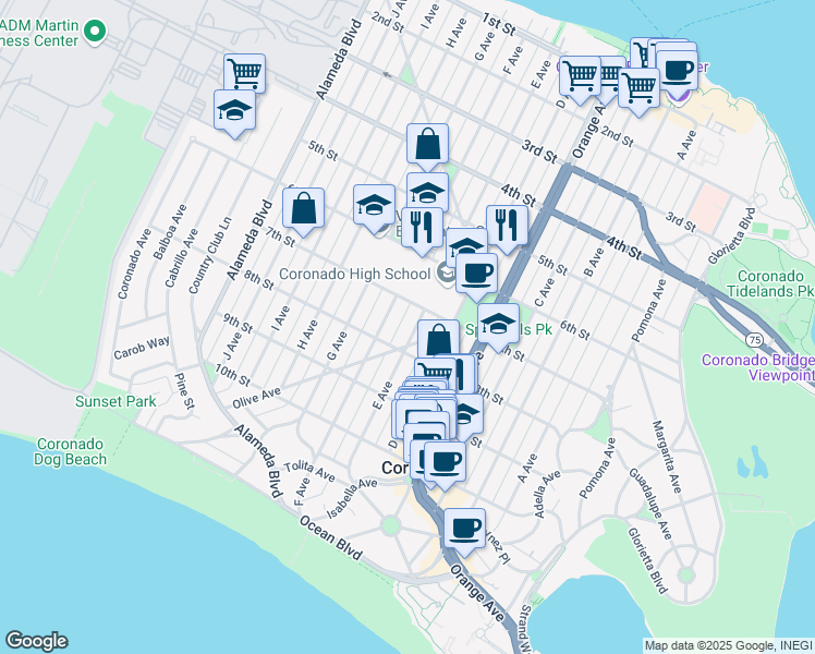 map of restaurants, bars, coffee shops, grocery stores, and more near 750 E Avenue in Coronado