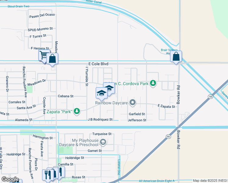 map of restaurants, bars, coffee shops, grocery stores, and more near 2186 G Woo Avenue in Calexico