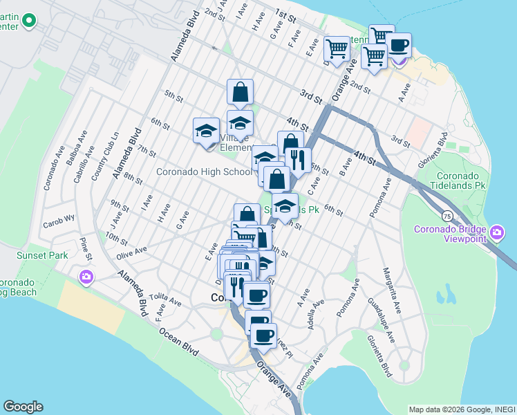 map of restaurants, bars, coffee shops, grocery stores, and more near 918 7th Street in Coronado