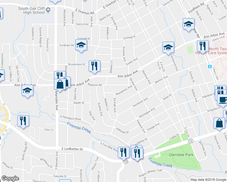 map of restaurants, bars, coffee shops, grocery stores, and more near 1312 Neptune Road in Dallas