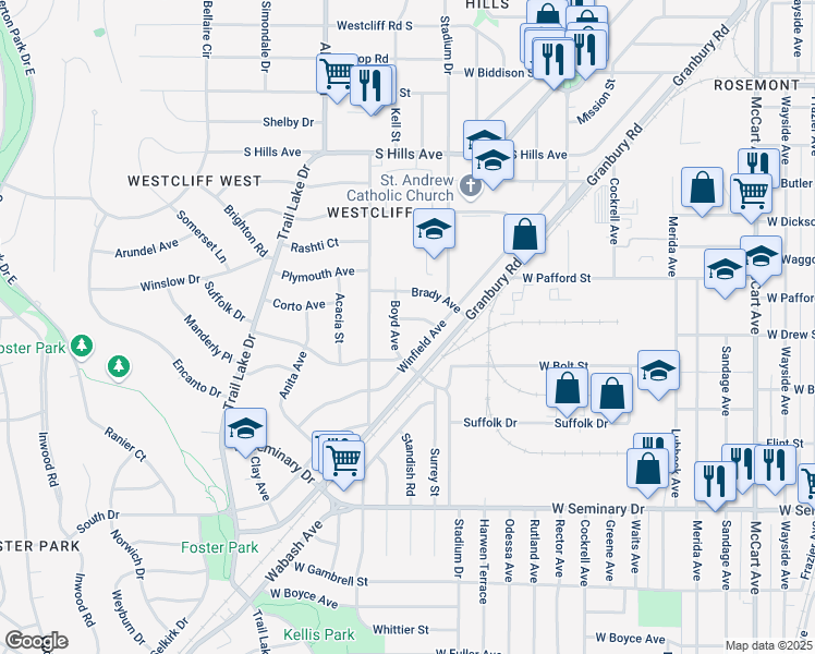map of restaurants, bars, coffee shops, grocery stores, and more near 3424 Cloer Drive in Fort Worth