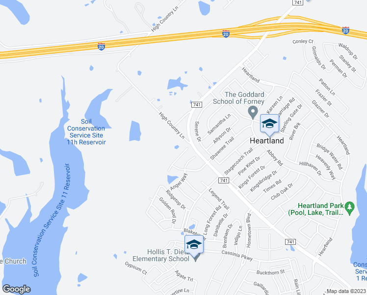 map of restaurants, bars, coffee shops, grocery stores, and more near 2025 Kickapoo Trail in Kaufman
