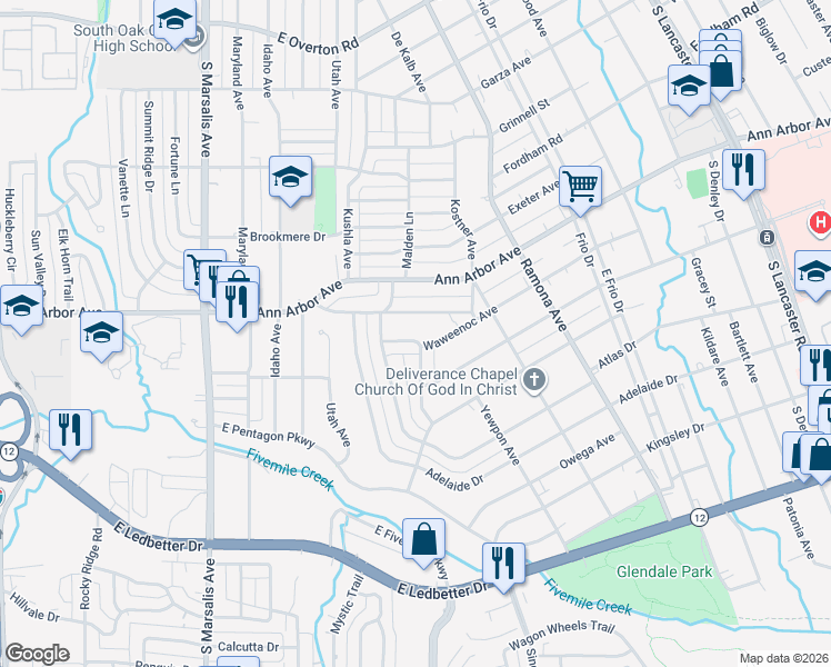 map of restaurants, bars, coffee shops, grocery stores, and more near 1312 Neptune Road in Dallas